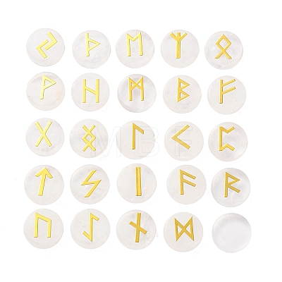 Brass Elder Futhark Alphabet Engraved Symbol Flat Round Natural Quartz Crystal Rune Stones G-I373-01B-1