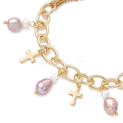 Natural Pearl Rice and 304 Stainless Steel Cross Charm Bracelets for Women BJEW-JB12984-1