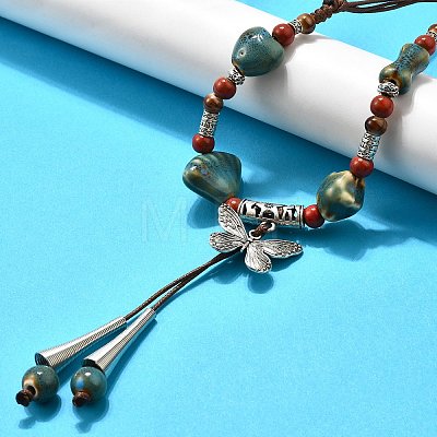 Ethnic Style Alloy & Porcelain Ceramic Beads Butterfly Pendant Tassel Y Necklaces NJEW-D308-01B-1