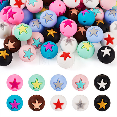  50Pcs 10 Colors Round with Star Food Grade Eco-Friendly Silicone Beads SIL-TA0001-47-1