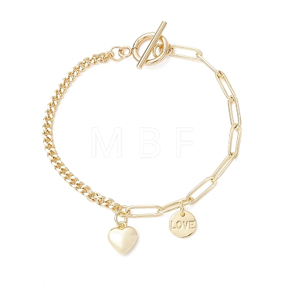 Brass Flat Round with Word Love & Heart Charms Bracelets BJEW-JB13482-1