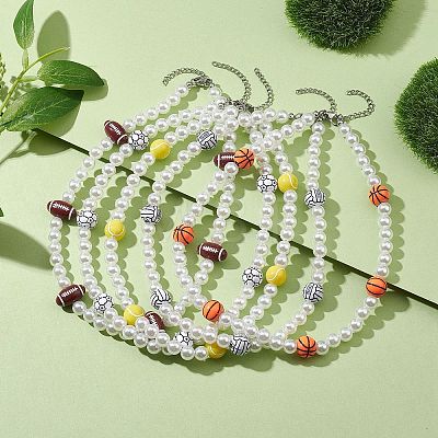 Plastic Imitation Pearl with Acrylic Sports Ball Beaded Necklaces for Women NJEW-JN04660-1