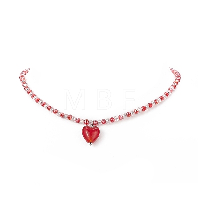 Glass Heart Pendant Necklace with Beaded Chains for Women NJEW-TA00060-1