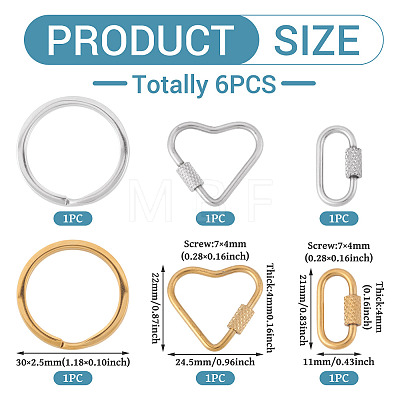 6Pcs 6 Styles 304 Stainless Steel Split Key Rings STAS-TA0003-46-1