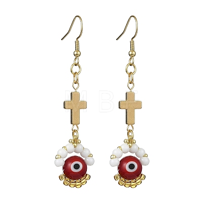 Handmade Seed Evil Eye & Cross Dangle Earrings EJEW-MZ00227-02-1