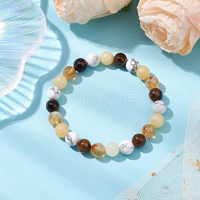 8.5mm Round Natural Topaz Jade & Howlite & Tiger Eye & Citrine Bead Stretch Bracelets for Women BJEW-JB10944-02-1