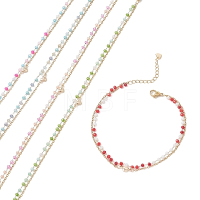 Bohemian Handmade Faceted Rondelle Glass Beaded Chains & 304 Stainless Steel Cable Chain 2-Strand Anklets for Women AJEW-AN00780-1