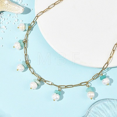 Natural Amazonite Chip and Pearl Tassel 304 Stainless Steel Paperclip Chain Necklaces for Women NJEW-JN06528-03-1