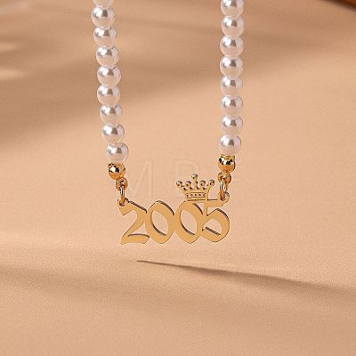 Alloy Crown Birth Year Pendant Imitation Pearl Round White Beaded Necklaces for Women FS-WG173C9-02-1