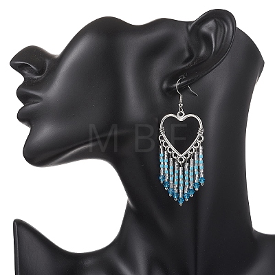 Hollow Heart Alloy & Glass Seed Beads Tassel Chandelier Earrings EJEW-MZ00685-01-1