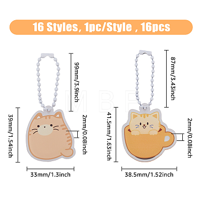 HOBBIESAY 16 Sets 16 Style Cartoon Cute Cat Animal  Acrylic Pendant Decoration with Iron Ball Chain HJEW-HY0001-06-1