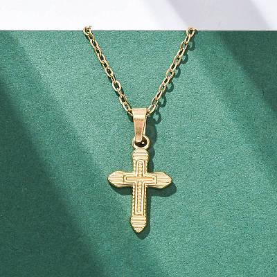 Cross 304 Stainless Steel Pendant Necklaces NJEW-H059-10G-1