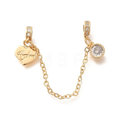 Brass Clear Cubic Zirconia European Safety Chains wtih Heart Charms KK-C085-15G-1