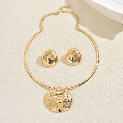 Iron Textured Flat Round Pendant Choker & Stud Earring Sets for Women FO0024-1
