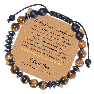 Personalized Morse Code Bracelet with Natural Tiger Eye Stone for Brother ST7064687-1