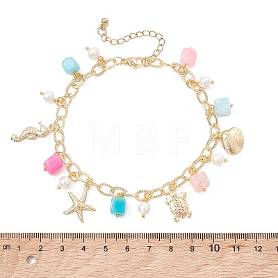 Ocean Theme Dyed Natural Agate & Glass Pearl & 304 Stainless Steel Starfish Turtle Charm Anklets for Women AJEW-AN00798-1