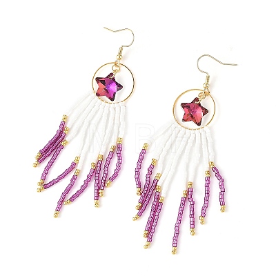 Star Glass Seed Beaded Dangle Tassel Earrings EJEW-MZ00777-03-1