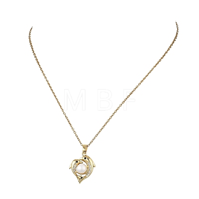 Ocean Brass Micro Pave Clear Cubic Zirconia and Natural Pearl Heart Dolphin Pendant 304 Stainless Steel Cable Chain Necklaces for Women NJEW-JN06262-1
