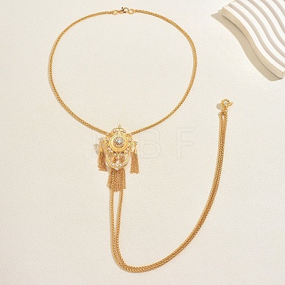 Vintage Gothic Style Brass Pave Cubic Zirconia Flower Long Tassel Lariat Necklace Brooch for Women GO0016-1-1