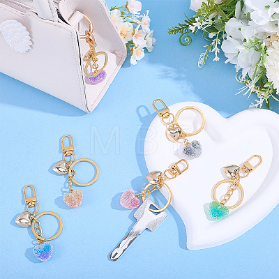 6Pcs 6 Colors Transparent Resin with 304 Stainless Steel Heart Pendant Keychain KEYC-AR00010-1