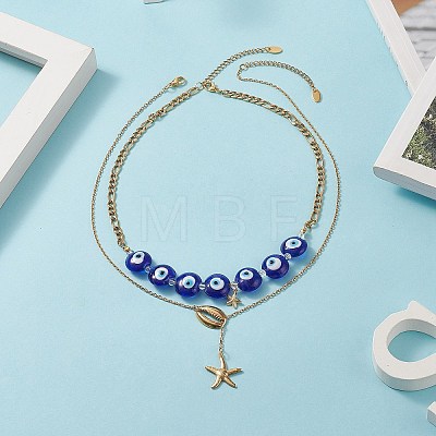 2Pcs 2 Style Brass Shell with Star Pendant Lariat Necklaces Set NJEW-JN04208-1