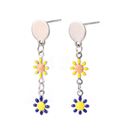 Flower Enamel Long Dangle Stud Earrings EJEW-N049-02B-1