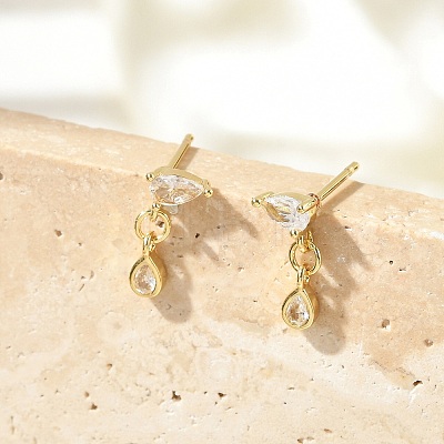 Brass Micro Pave Clear Cubic Zirconia Stud Earrings EJEW-R016-26G-02-1