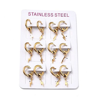 6Pairs Vacuum Plating 201 Stainless Steel Lightning Bolt Dangle Hoop Earrings with 304 Stainless Steel Pin for Women EJEW-F280-01G-1