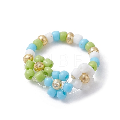 3Pcs 3 Color Glass Seed Beaded Stretch Rings Sets. Flower Stackable Rings RJEW-JR00617-1