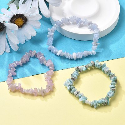 Chips Natural Larimar & Blue Lace Agate & Kunzite Beaded Stretch Bracelets Sets BJEW-JB05332-01-1