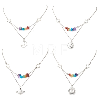 Chakra Gemstone Chip Beaded & Alloy Sun Moon Star Planet Pendant Brass Cable Chain Necklaces for Women NJEW-JN05794-1