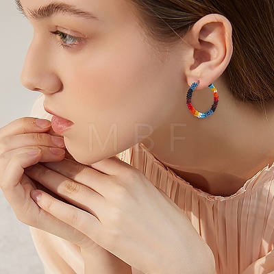 Boho Glass Seed Beaded Big Huggie Hoop Earrings for Women EJEW-SW00003-1