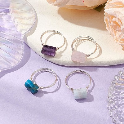 4Pcs 4 Styles Column Natural Apatite & Aquamarine & Amethyst & Rose Quartz Finger Rings Sets RJEW-TA00149-1