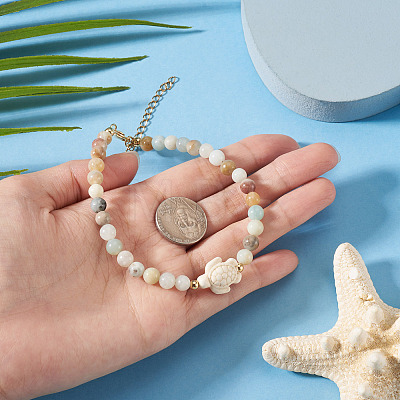 Ocean Dyed Synthetic Turquoise Turtle & Natural Flower Amazonite Round Beaded Anklets AJEW-TA00063-1