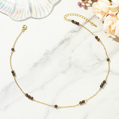 5MM Round Natural Mixed Stone Beads Brass Cable Chain Necklaces for Women NJEW-JN06378-1