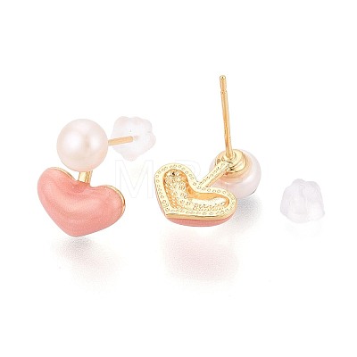Heart Brass Natural Pearl Stud Earrings PEAR-N017-07A-1