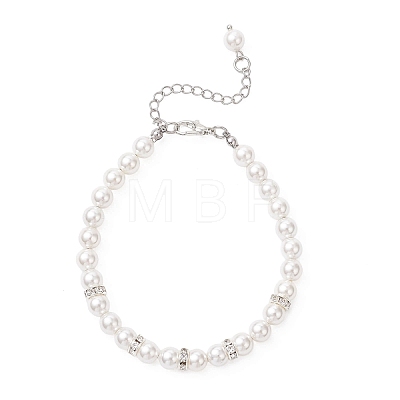 Round Shell Pearl & Brass Rhinestone Beaded Bracelet for Women BJEW-JB12871-1