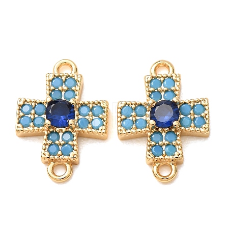 Brass Micro Pave Deep Sky Blue and Blue Cubic Zirconia Religion Cross Links Connector Charms CU-K002-08G-1
