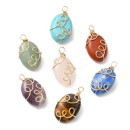 7Pcs Natural Mixed Gemstone Copper Wire Wrapped Pendants PALLOY-JF02142-1