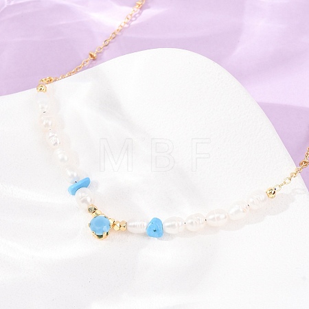 Synthetic Turquoise Chip and Rice Natural Pearl Beaded Necklaces GG-CBA3297-15G-D-1
