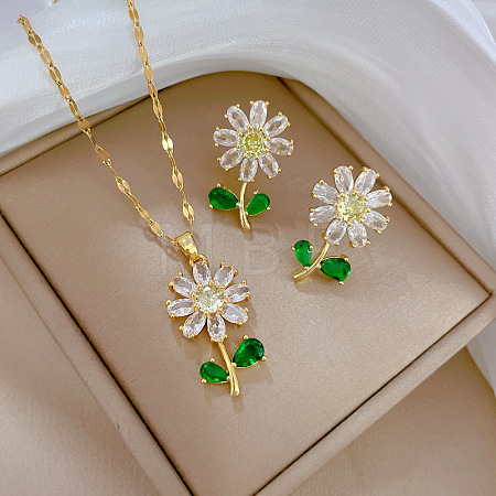Brass Micro Pave Cubic Zirconia Pendant Necklace & Stud Earrings WG7AC39-52-1