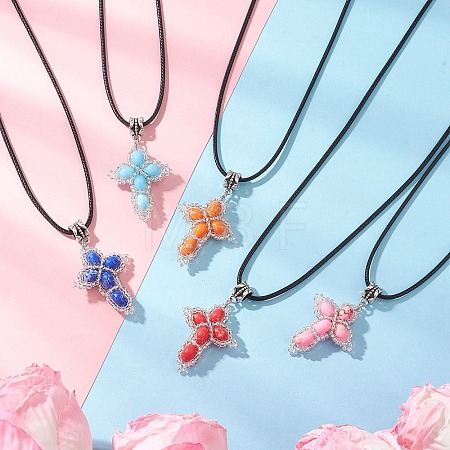Dyed Synthetic Imperial Jasper with Glass Seed Beaded Cross Pendant Black Waxed Cotton Cord Necklaces NJEW-MZ00138-1