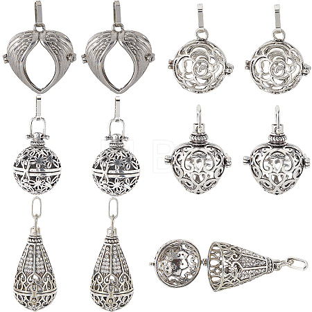 10Pcs 5 Styles Tibetan Style Brass Cage Pendants KK-SC0004-33-1