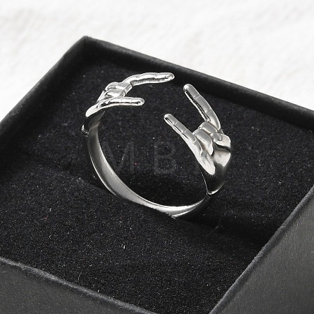 304 Stainless Steel Rock & Roll Hand Gesture Cuff Rings for Women Men RJEW-B118-02P-1