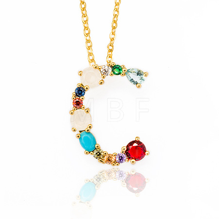 Golden Brass Micro Pave Cubic Zirconia Initial Pendants Necklaces NJEW-S069-JN002-C-1