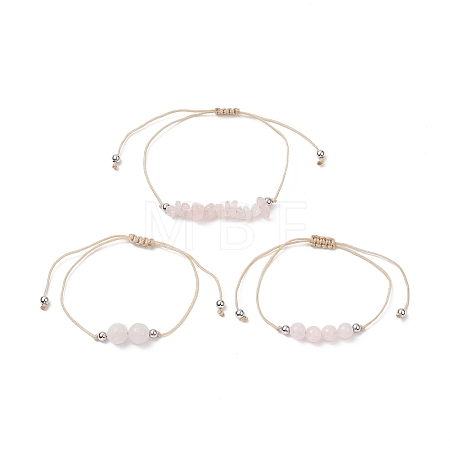 3Pcs 3 Style Natural Rose Quartz Braided Bead Bracelets Set BJEW-JB09334-01-1