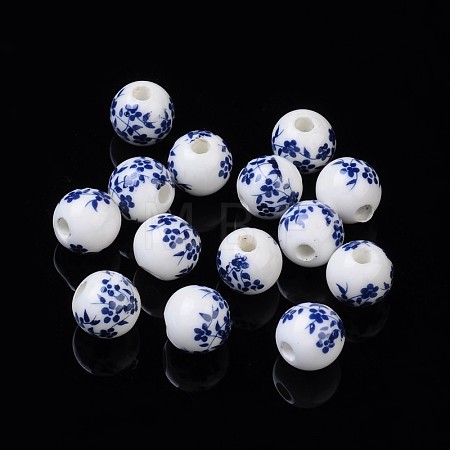 Round Flower Handmade Blue and White Ceramic Porcelain Beads X-PORC-Q201-10mm-4-1