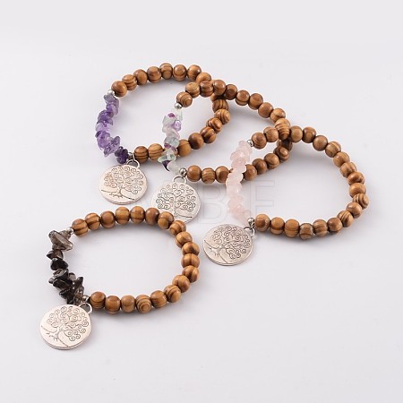 Round Wood Beaded Stretch Bracelets BJEW-JB02175-1