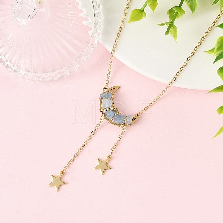 Natural Aquamarine Chip Beads Moon Pendant Brass Cable Chain Necklaces for Women NJEW-TA00257-04-1