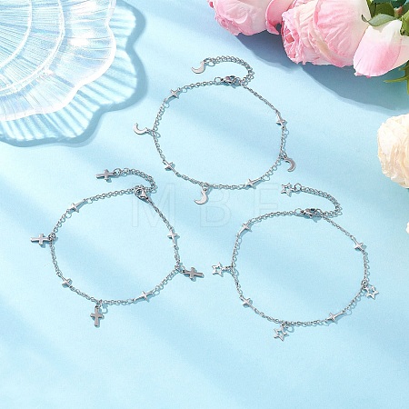 3Pcs 3 Styles 304 Stainless Steel Cross Link Chain Anklets AJEW-AN00739-1